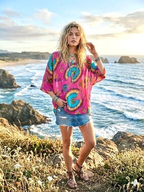 Feather Medallion Dolman boho pink Blouse/cover up resort vacay native vibe